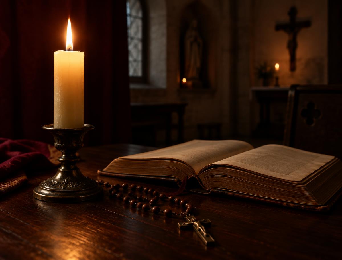 A devotional candle beside an open prayer book